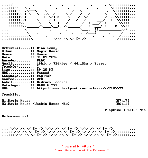 NFO for the release Dino_Lenny-Magic_House-BEDDIGI291-16BIT-WEB-FLAC-2026-WAVED by WAVED