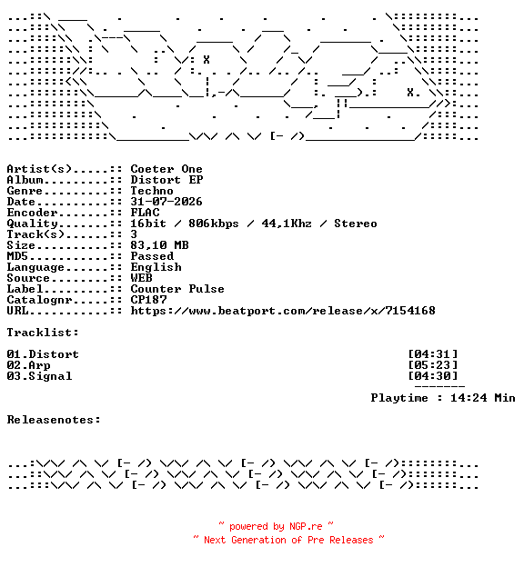 NFO for the release Coeter_One-Distort_EP-CP187-16BIT-WEB-FLAC-2026-WAVED by WAVED