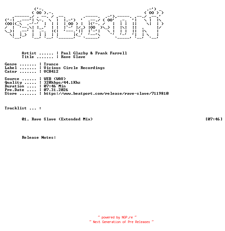 NFO for the release Paul_Glazby_And_Frank_Farrell-Rave_Slave-(VCR412)-SINGLE-WEB-2026-FALCON by FALCON