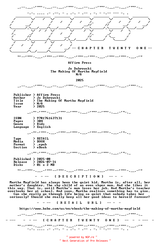 NFO for the release Jo.Dabrowski.-.The.Making.Of.Martha.Mayfield.2025.RETAIL.EPUB.eBook-CTO by CTO