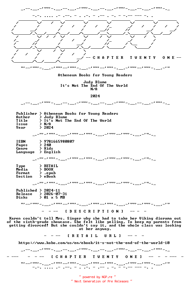 NFO for the release Judy.Blume.-.Its.Not.The.End.Of.The.World.2024.RETAIL.EPUB.eBook-CTO by CTO