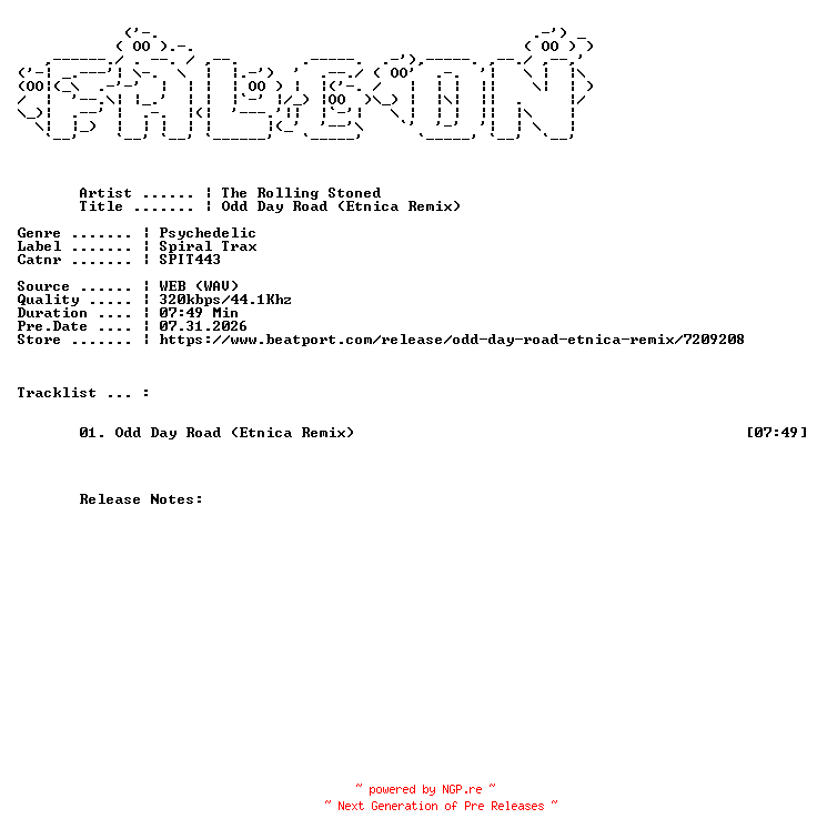 NFO for the release The_Rolling_Stoned-Odd_Day_Road_Etnica_Remix-(SPIT443)-SINGLE-WEB-2026-FALCON by FALCON