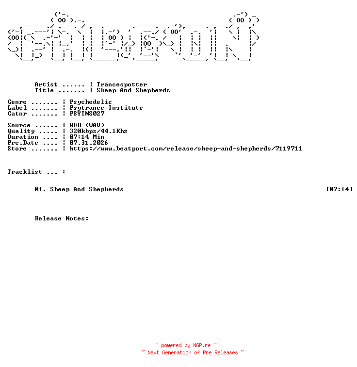 NFO for the release Trancespotter-Sheep_And_Shepherds-(PSYINS027)-SINGLE-WEB-2026-FALCON by FALCON