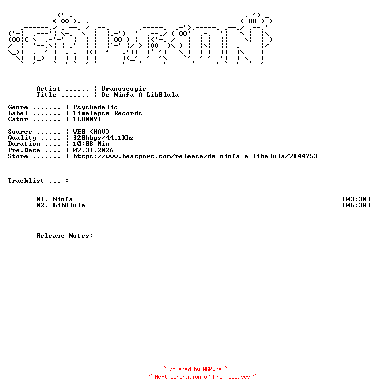 NFO for the release Uranoscopic-De_Ninfa_A_Libelula-(TLR0091)-WEB-2026-FALCON by FALCON