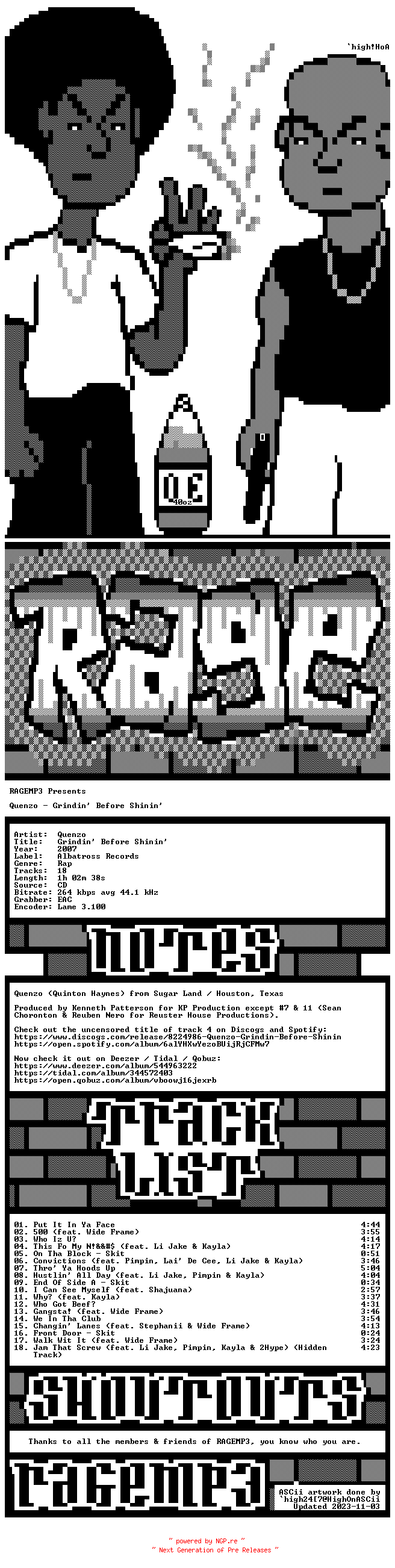 NFO for the release Quenzo-Grindin_Before_Shinin-CD-2007-RAGEMP3 by RAGEMP3