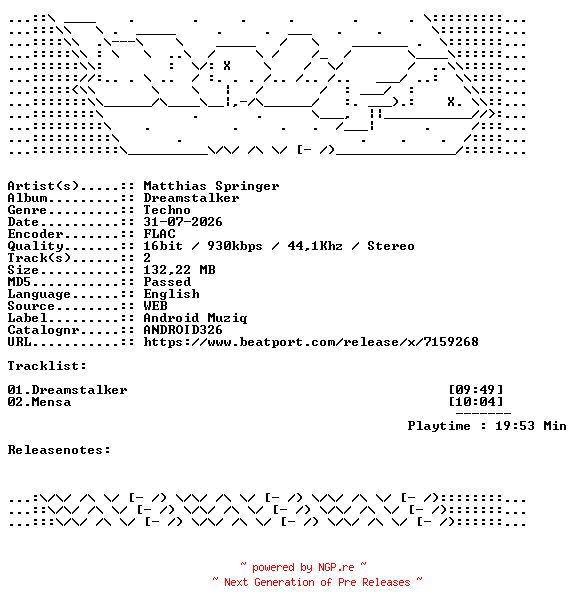 NFO for the release Matthias_Springer-Dreamstalker-ANDROID326-16BIT-WEB-FLAC-2026-WAVED by WAVED