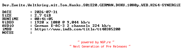 NFO for the release Der.Zweite.Weltkrieg.mit.Tom.Hanks.S01E20.GERMAN.DOKU.1080p.WEB.H264-SYNERGiE by SYNERGiE