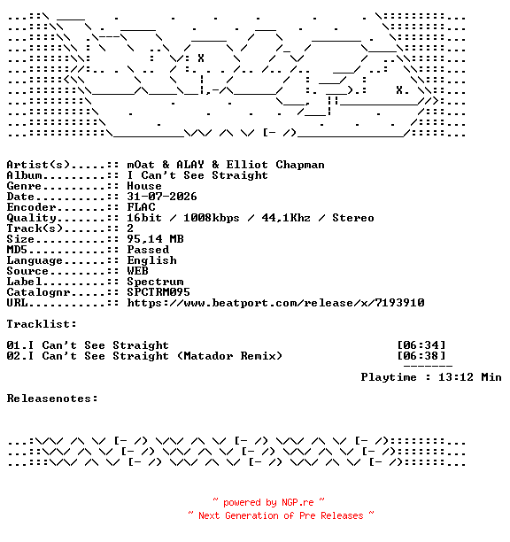 NFO for the release mOat_And_ALAY_And_Elliot_Chapman-I_Cant_See_Straight-SPCTRM095-16BIT-WEB-FLAC-2026-WAVED by WAVED