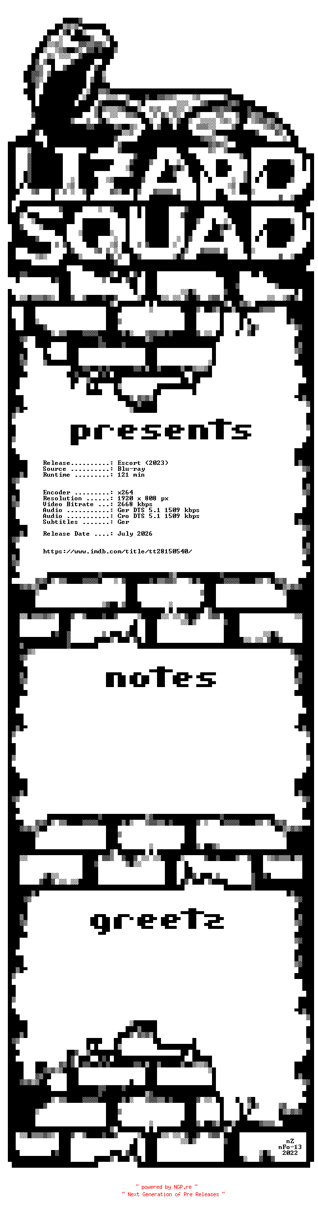 NFO for the release Escort.2023.German.DL.1080p.BluRay.x264-LizardSquad by LizardSquad