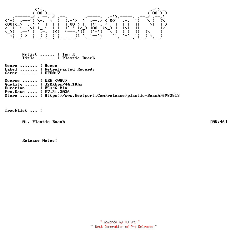 NFO for the release Ten_K-Plastic_Beach-(RFR017)-SINGLE-WEB-2026-FALCON by FALCON