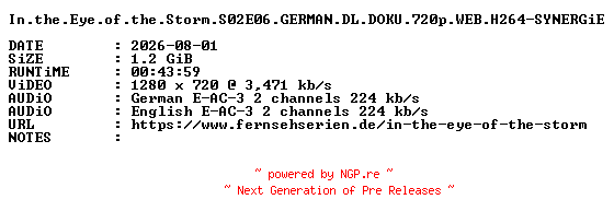 NFO for the release In.the.Eye.of.the.Storm.S02E06.GERMAN.DL.DOKU.720p.WEB.H264-SYNERGiE by SYNERGiE
