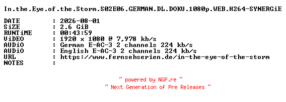 NFO for the release In.the.Eye.of.the.Storm.S02E06.GERMAN.DL.DOKU.1080p.WEB.H264-SYNERGiE by SYNERGiE