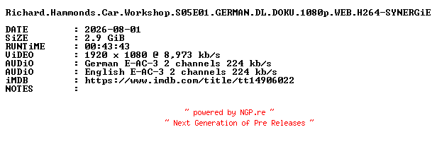NFO for the release Richard.Hammonds.Car.Workshop.S05E01.GERMAN.DL.DOKU.1080p.WEB.H264-SYNERGiE by SYNERGiE