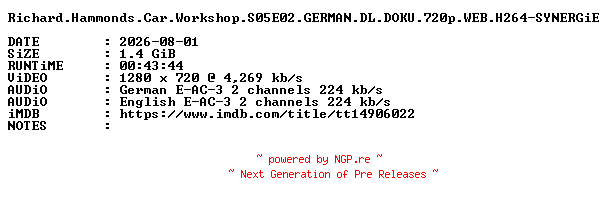 NFO for the release Richard.Hammonds.Car.Workshop.S05E02.GERMAN.DL.DOKU.720p.WEB.H264-SYNERGiE by SYNERGiE