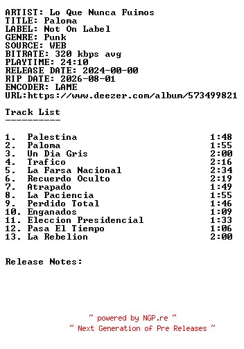 NFO for the release Lo_Que_Nunca_Fuimos-Paloma-WEB-ES-2024-SDR by SDR