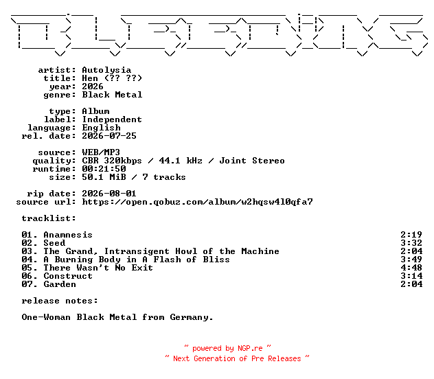 NFO for the release Autolysia-Hen_(To_Ev)-WEB-2026-BLEEDiNG by BLEEDiNG