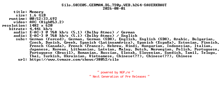 NFO for the release Silo.S03E05.GERMAN.DL.720p.WEB.h264-SAUERKRAUT by SAUERKRAUT