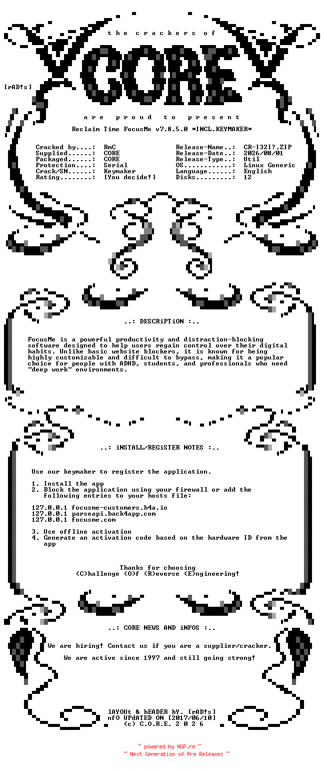NFO for the release Reclaim.Time.FocusMe.v7.8.5.0.Linux.Generic.x64.Incl.Keymaker-CORE by CORE