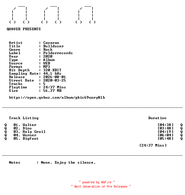 NFO for the release Cavaran-Bulldozer-WEB-2020-QUAVER by QUAVER