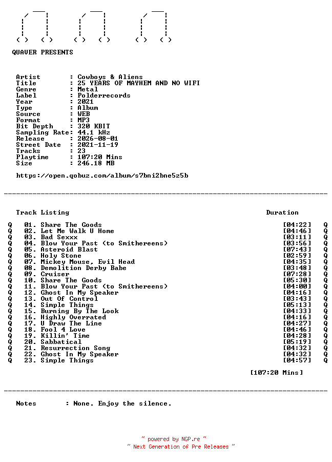 NFO for the release Cowboys_and_Aliens-25_YEARS_OF_MAYHEM_AND_NO_WIFI-WEB-2021-QUAVER by QUAVER
