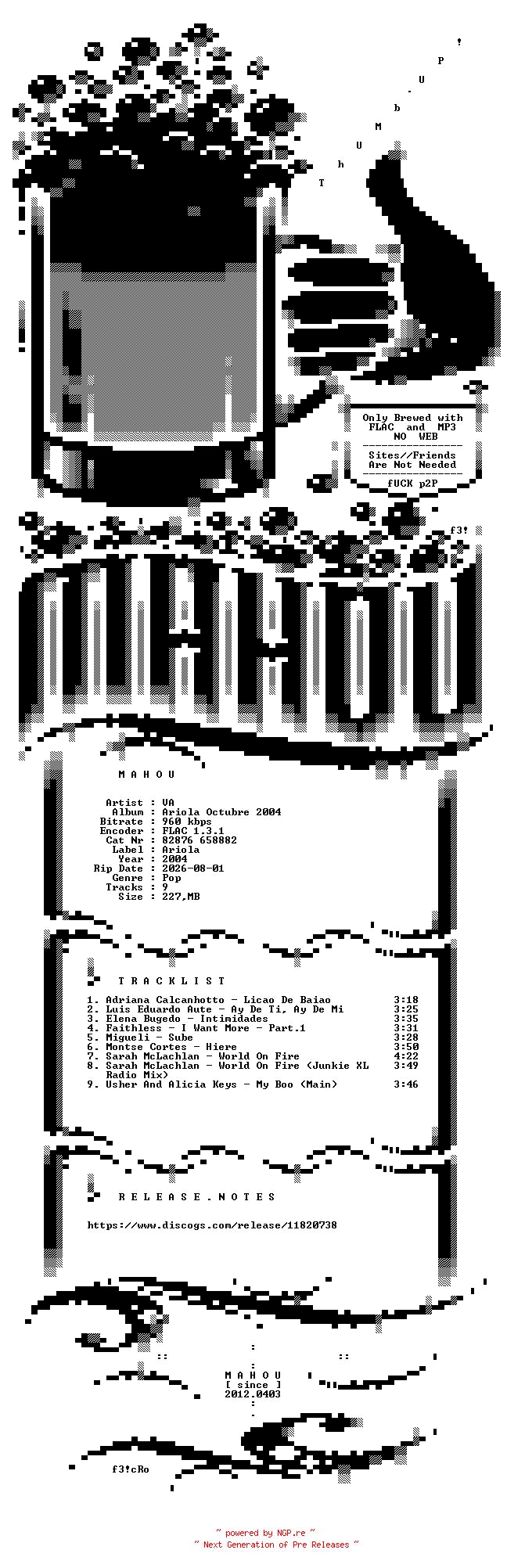 NFO for the release VA-Ariola_Octubre_2004-PROMO-CD-FLAC-2004-MAHOU by MAHOU