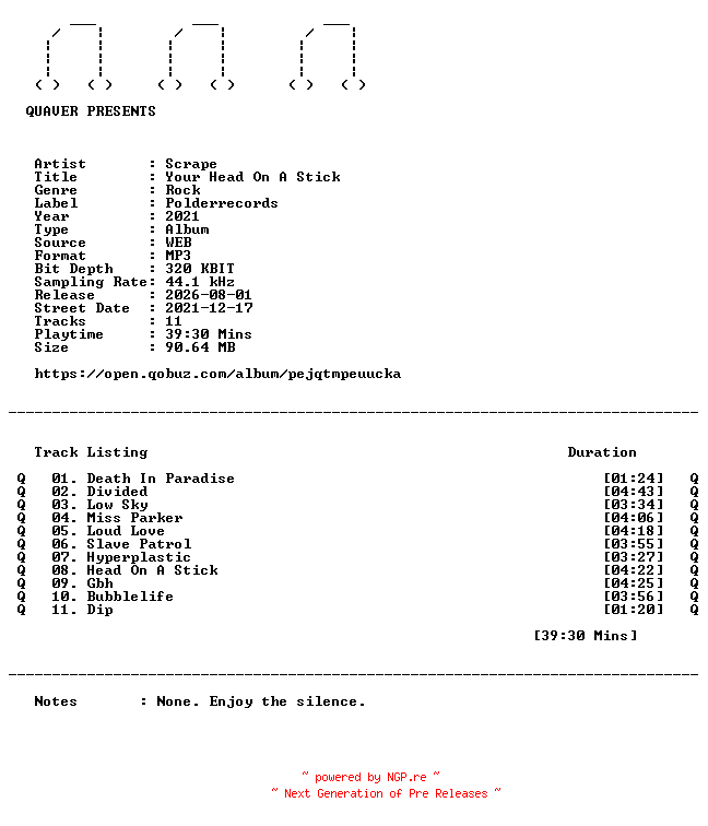 NFO for the release Scrape-Your_Head_On_A_Stick-WEB-2021-QUAVER by QUAVER