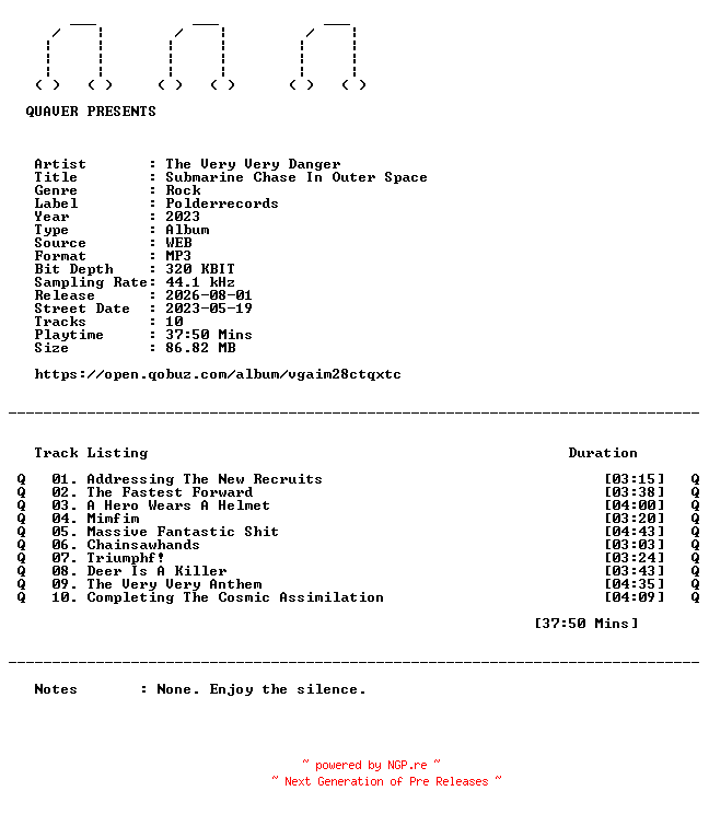 NFO for the release The_Very_Very_Danger-Submarine_Chase_In_Outer_Space-WEB-2023-QUAVER by QUAVER