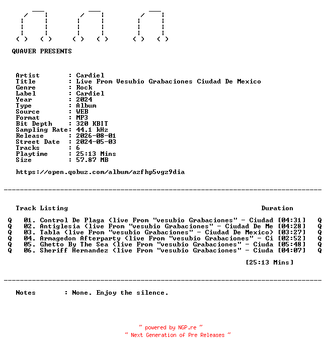 NFO for the release Cardiel-Live_From_Vesubio_Grabaciones_Ciudad_De_Mexico-WEB-2024-QUAVER by QUAVER