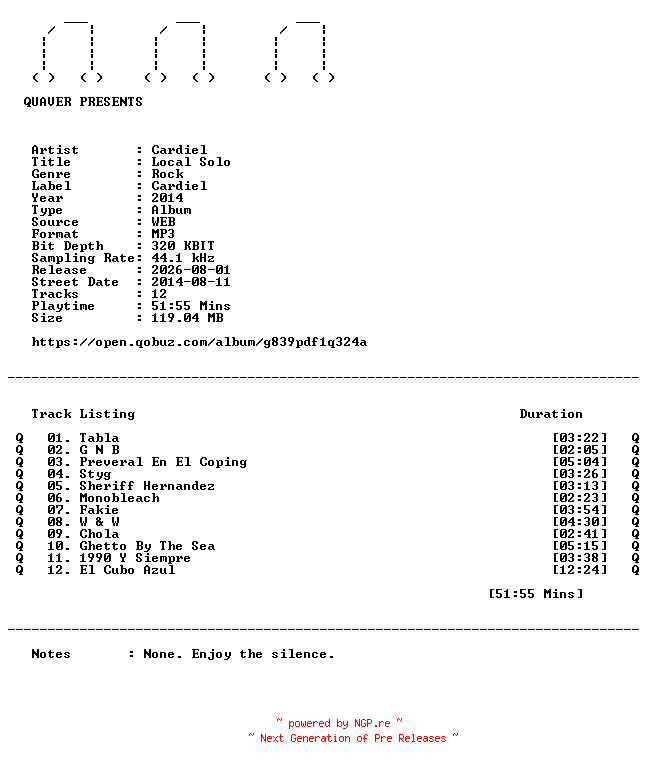 NFO for the release Cardiel-Local_Solo-WEB-2014-QUAVER by QUAVER