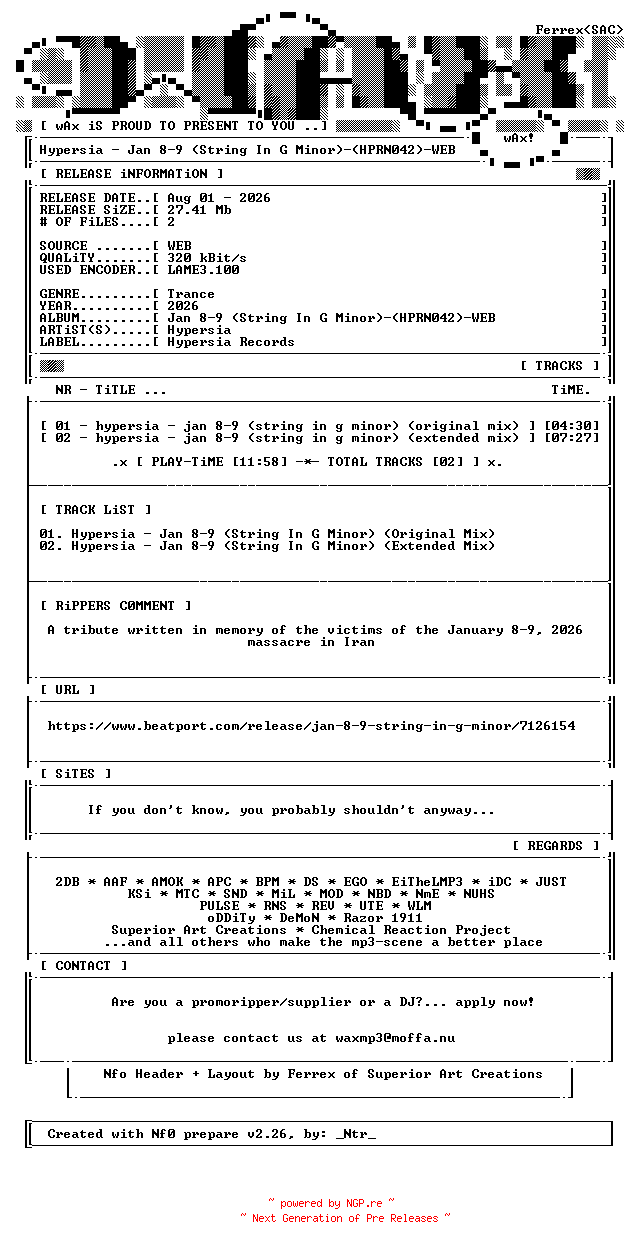 NFO for the release Hypersia-Jan_8-9_(String_In_G_Minor)-(HPRN042)-WEB-2026-wAx by wAx