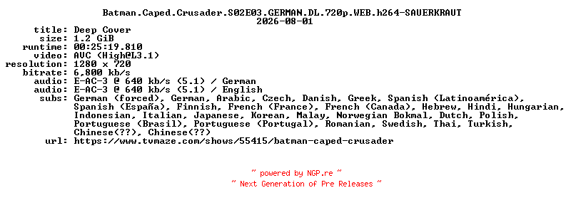 NFO for the release Batman.Caped.Crusader.S02E03.GERMAN.DL.720p.WEB.h264-SAUERKRAUT by SAUERKRAUT