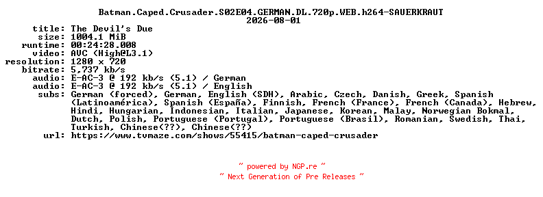 NFO for the release Batman.Caped.Crusader.S02E04.GERMAN.DL.720p.WEB.h264-SAUERKRAUT by SAUERKRAUT