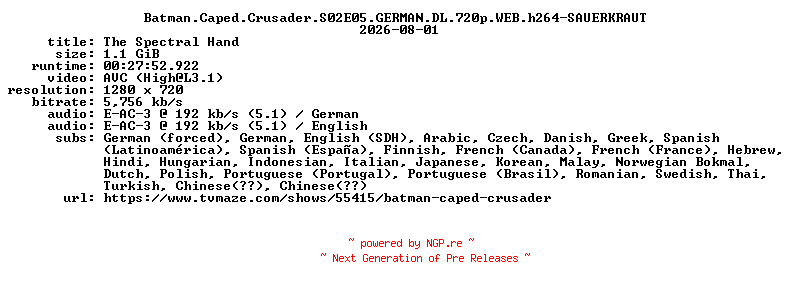 NFO for the release Batman.Caped.Crusader.S02E05.GERMAN.DL.720p.WEB.h264-SAUERKRAUT by SAUERKRAUT