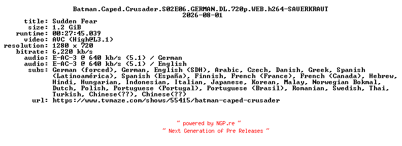 NFO for the release Batman.Caped.Crusader.S02E06.GERMAN.DL.720p.WEB.h264-SAUERKRAUT by SAUERKRAUT