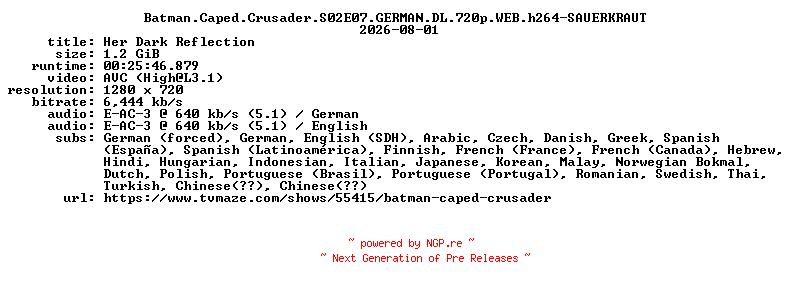 NFO for the release Batman.Caped.Crusader.S02E07.GERMAN.DL.720p.WEB.h264-SAUERKRAUT by SAUERKRAUT