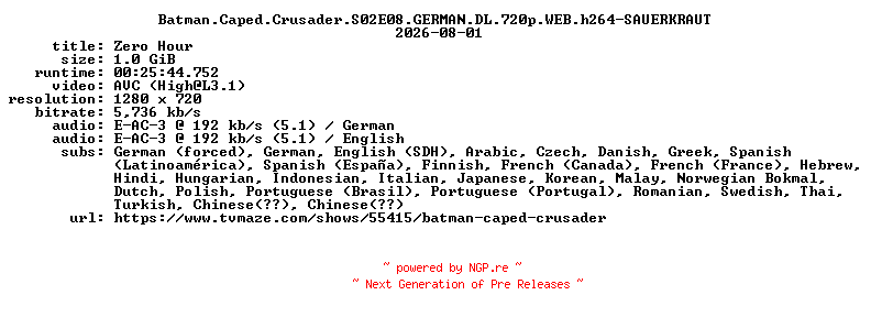 NFO for the release Batman.Caped.Crusader.S02E08.GERMAN.DL.720p.WEB.h264-SAUERKRAUT by SAUERKRAUT