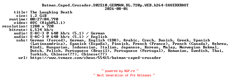 NFO for the release Batman.Caped.Crusader.S02E10.GERMAN.DL.720p.WEB.h264-SAUERKRAUT by SAUERKRAUT