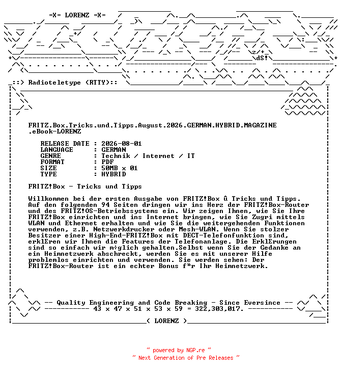 NFO for the release FRITZ.Box.Tricks.und.Tipps.August.2026.GERMAN.HYBRID.MAGAZINE.eBook-LORENZ by LORENZ
