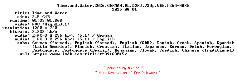 NFO for the release Time.and.Water.2026.GERMAN.DL.DOKU.720p.WEB.h264-HAXE by HAXE