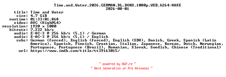 NFO for the release Time.and.Water.2026.GERMAN.DL.DOKU.1080p.WEB.h264-HAXE by HAXE