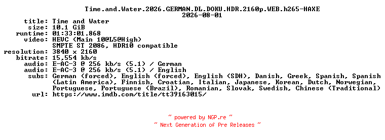 NFO for the release Time.and.Water.2026.GERMAN.DL.DOKU.HDR.2160p.WEB.h265-HAXE by HAXE
