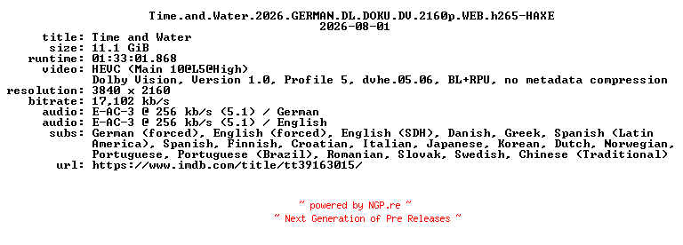 NFO for the release Time.and.Water.2026.GERMAN.DL.DOKU.DV.2160p.WEB.h265-HAXE by HAXE
