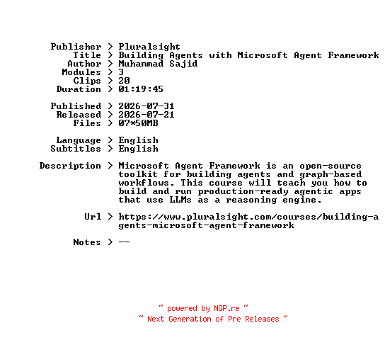 NFO for the release Pluralsight.Building.Agents.with.Microsoft.Agent.Framework.2026.BOOKWARE-GETH by GETH