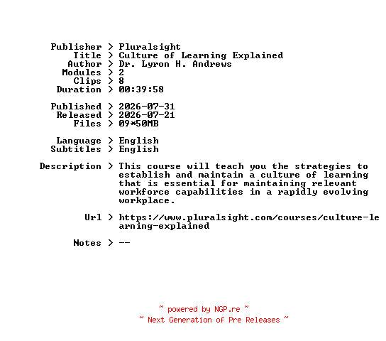 NFO for the release Pluralsight.Culture.of.Learning.Explained.2026.BOOKWARE-GETH by GETH