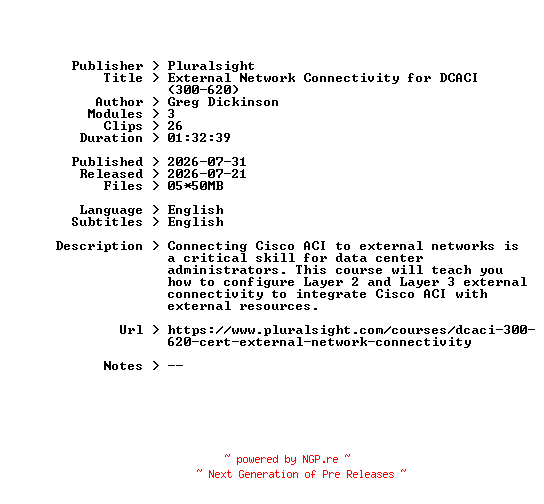 NFO for the release Pluralsight.External.Network.Connectivity.for.DCACI.300-620.2026.BOOKWARE-GETH by GETH