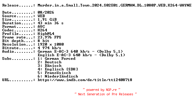 NFO for the release Murder.in.a.Small.Town.2024.S02E01.GERMAN.DL.1080P.WEB.X264-WAYNE by WAYNE
