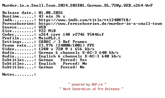 NFO for the release Murder.in.a.Small.Town.2024.S02E01.German.DL.720p.WEB.x264-WvF by WvF
