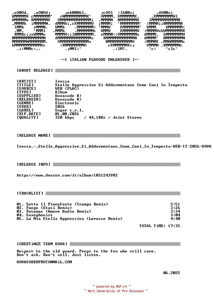 NFO for the release Irossa_-_Stelle_Aggressive_Si_Addormentano_Come_Cani_In_Tempesta-WEB-IT-2026-UOVA by UOVA