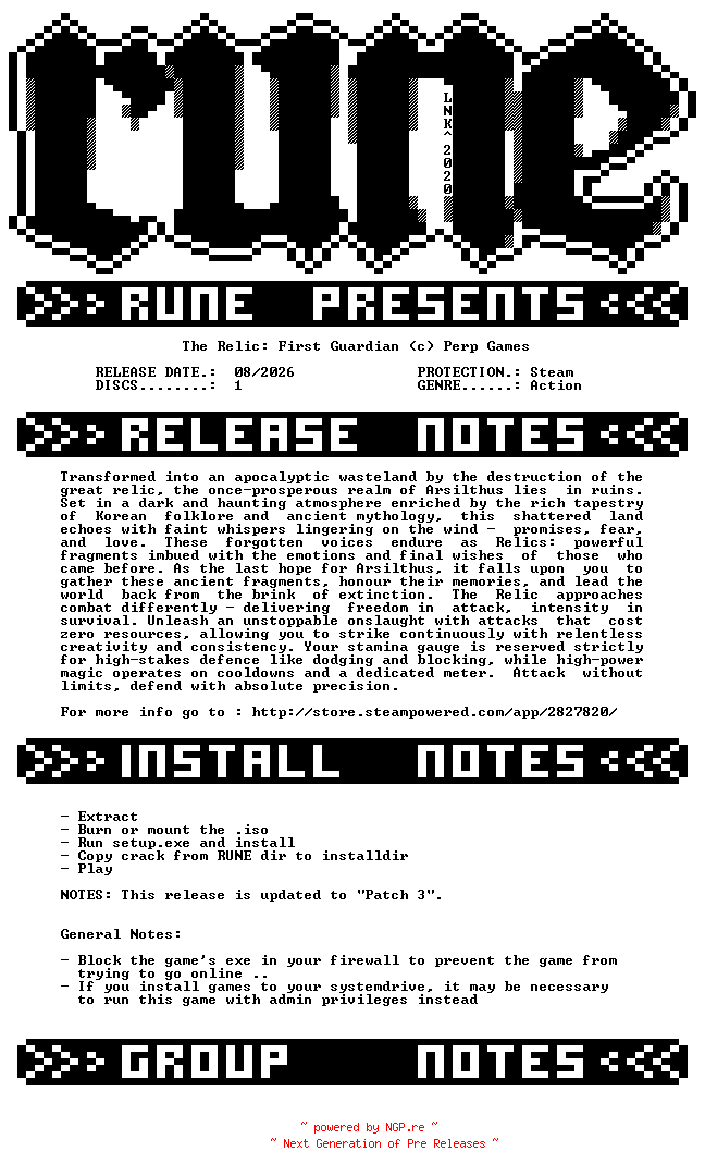 NFO for the release The.Relic.First.Guardian-RUNE by RUNE