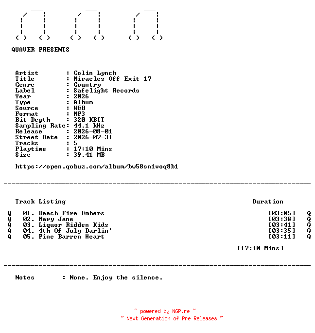 NFO for the release Colin_Lynch-Miracles_Off_Exit_17-EP-WEB-2026-QUAVER by QUAVER